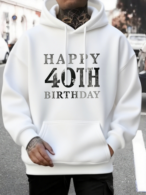 Men's Graphic Hoodie Happy 40th Birthday Bold Lettering On Clean White Hoodie