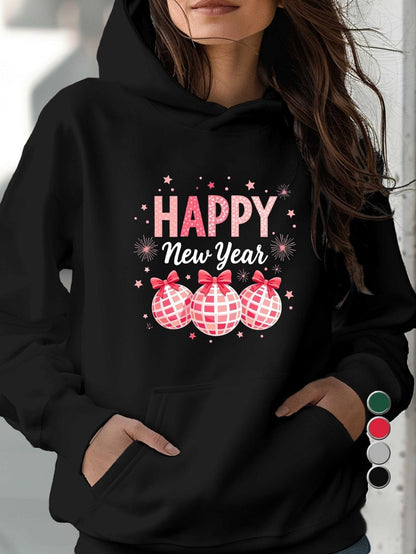 Women's Graphic Hoodie Happy New Year Festive Disco Balls And Glowing Stars Amongst Sparkles Hoodie