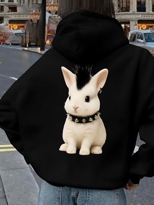 Women's Graphic Hoodie White Bunny With Punk Collar And Spiked Mohawk Rabbit