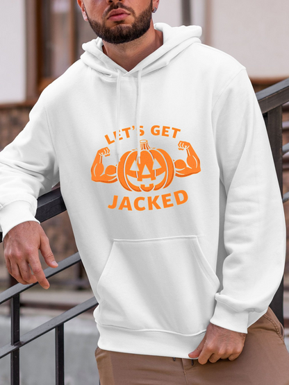 Men's Graphic Hoodie Lets Get Jacked With Muscular Arms Flexing Around Carved Pumpkin
