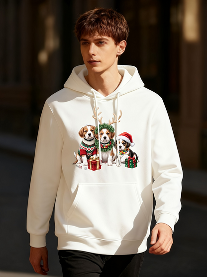 Men's Graphic Hoodie Three Festive Dogs With Holiday Hats Surrounded By Christmas Presents On Hoodie