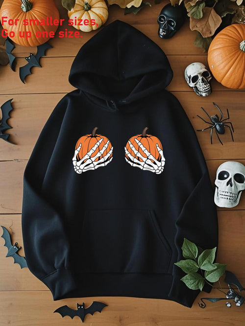 Women's Graphic Hoodie Skeleton Hands Holding Vibrant Pumpkins With Autumn Leaves Hoodie
