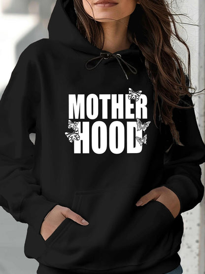 Women's Graphic Hoodie Motherhood Bold White Letters With Small Floral Accents Hoodie