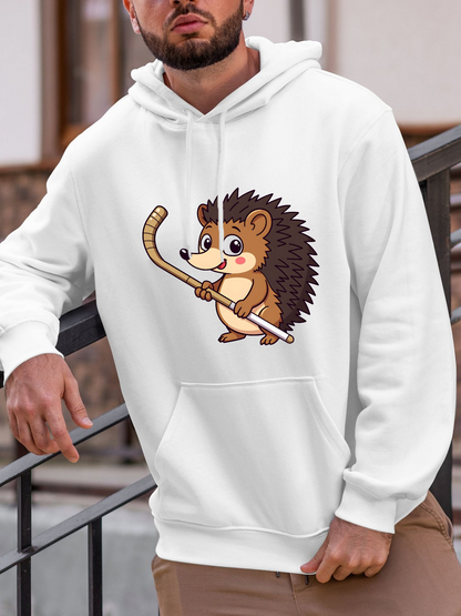 Men's Graphic Hoodie Cute Brown Hedgehog Playing Hockey Stick Illustration Hedgehog