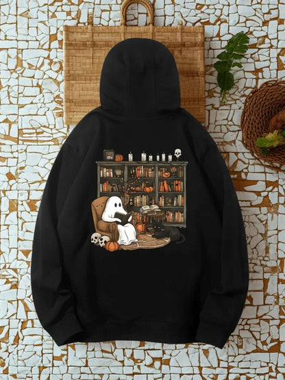 Women's Graphic Hoodie Spooky Library With Candles Pumpkins And Ghost Reading Bookshelf
