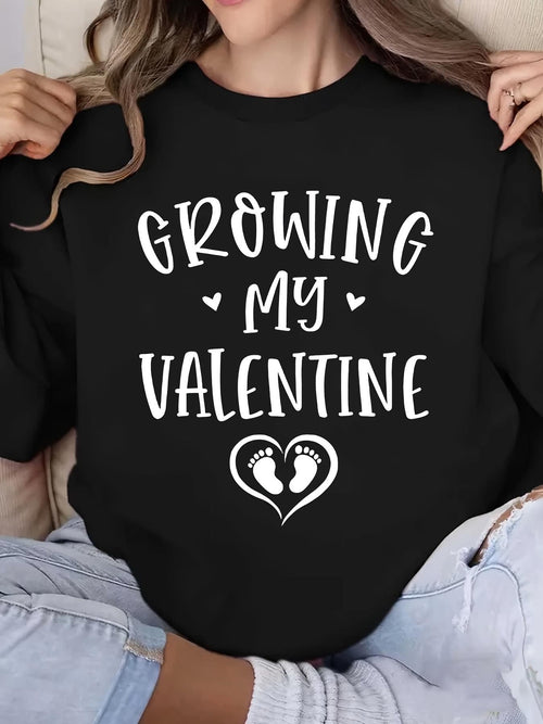 Women's Graphic Hoodie Growing My Valentine Heart With Baby Footprints And Love Motif Sweatshirt