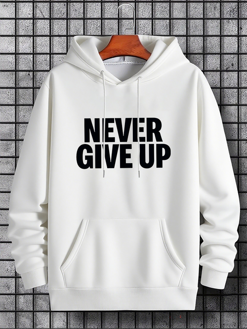 Men's Graphic Hoodie Never Give Up Bold Black Text On Classic White Hoodie