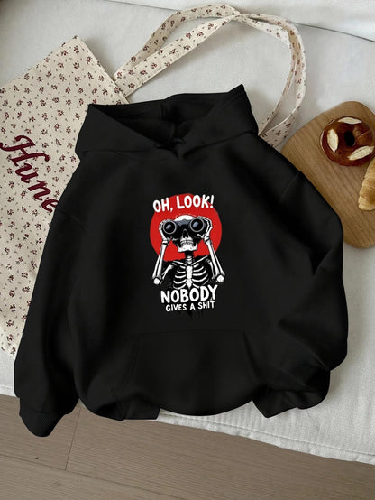 Women's Graphic Hoodie Oh Look Nobody Gives A Shit Cartoon Skeleton With Binoculars Under Red Sun