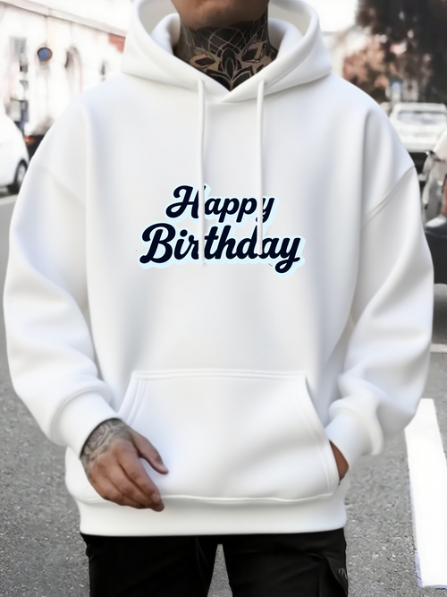 Men's Graphic Hoodie Happy Birthday Simple Street Style Soft White Hoodie