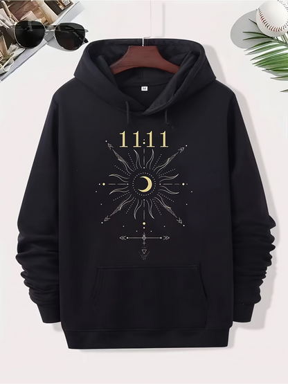 Men's Graphic Hoodie Golden Celestial Sunburst With Crescent Moon Surrounded By Stars Hoodie