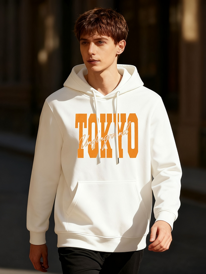 Men's Graphic Hoodie Tokyo Bold Orange Letters On Clean White Hoodie Tokyo