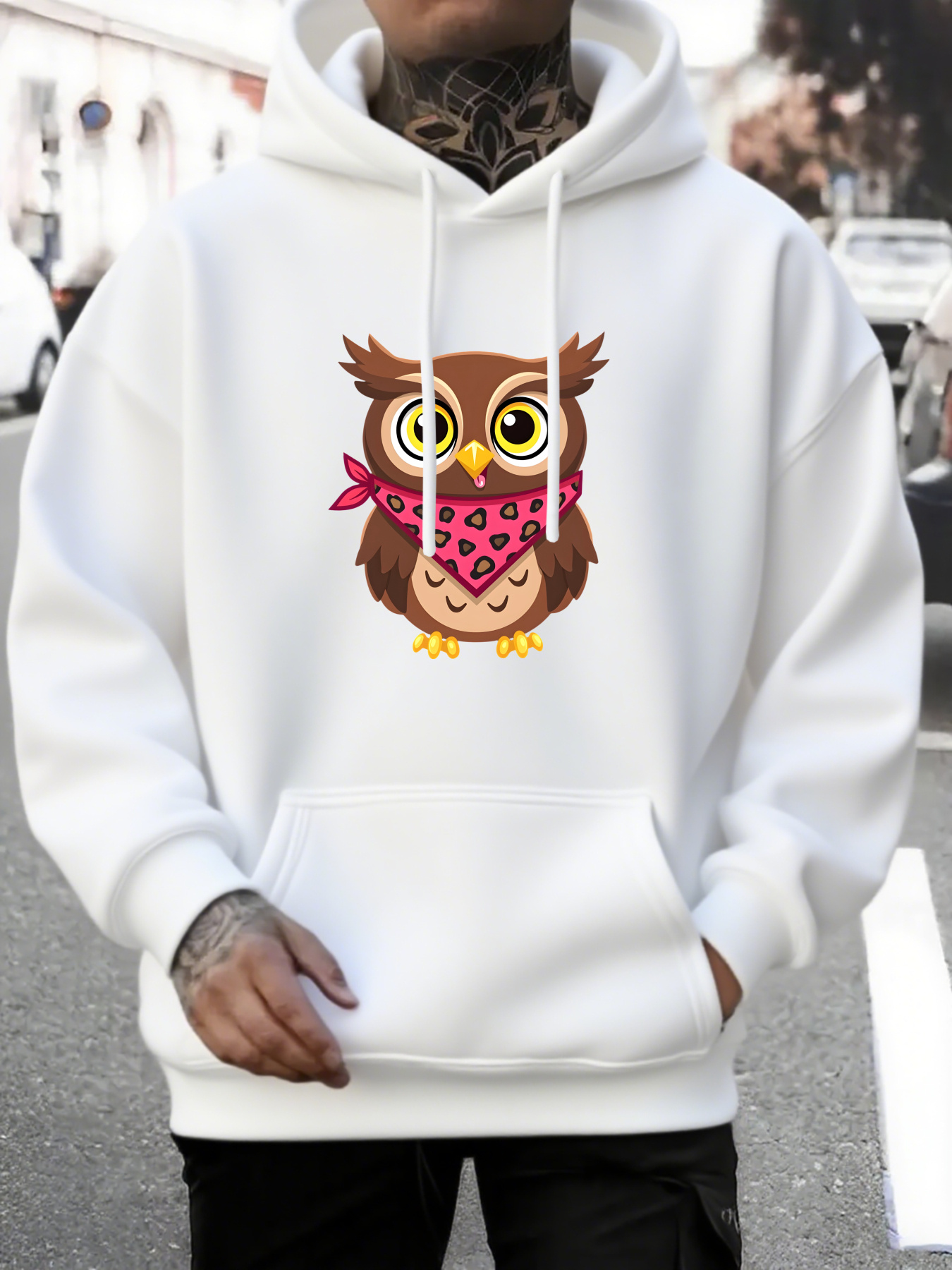 Men's Graphic Hoodie Cute Owl Standing Cheerfully Among Pink Patterned Accessories Owl