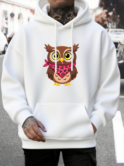 Men's Graphic Hoodie Cute Owl Standing Cheerfully Among Pink Patterned Accessories Owl