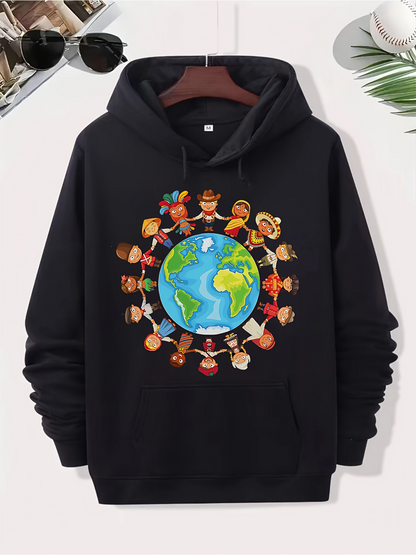 Men's Graphic Hoodie Diverse Children Holding Hands Around The Vibrant Colorful Earth Globe