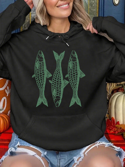 Women's Graphic Hoodie Three Green Patterned Fish With Detailed Scales On Black Hoodie