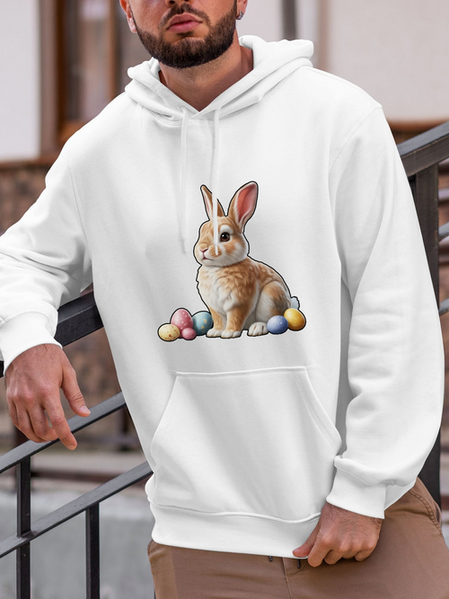 Men's Graphic Hoodie Soft Brown Bunny With Pastel Easter Eggs Under Gentle Daylight Bunny