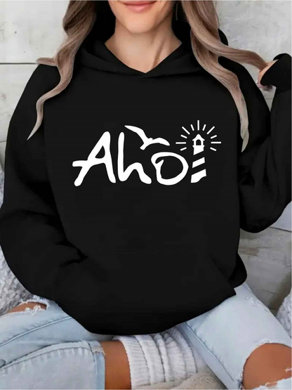 Women's Graphic Hoodie Ahoi Flying Seagull And Radiant Lighthouse Over Calm Ocean