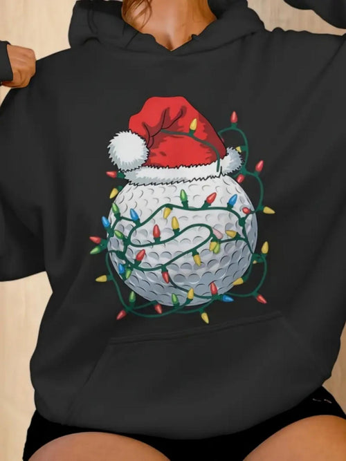 Women's Graphic Hoodie Christmas Golf Ball With Santa Hat Festive Colored String Lights Surrounding Holiday Scene