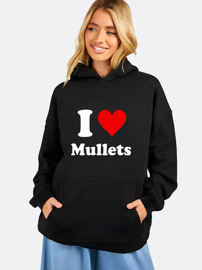 Women's Graphic Hoodie I Love Mullets Bold Letters With Red Heart On Cozy Hoodie