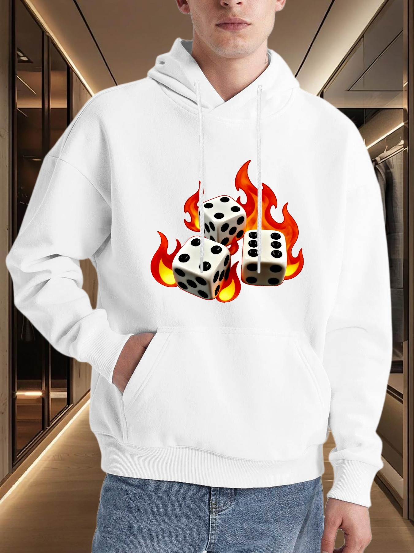 Men's Graphic Hoodie Flames Blazing Among Tumbling Dice With Smoky Night Casino Dice