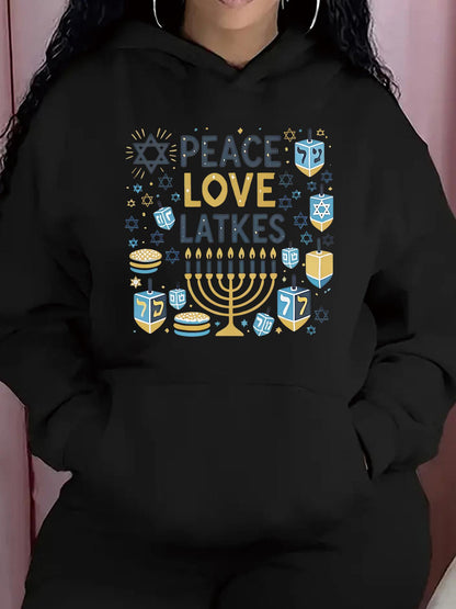 Women's Graphic Hoodie Peace Love Latkes Menorah With Hanukkah Dreidels And Blue Stars