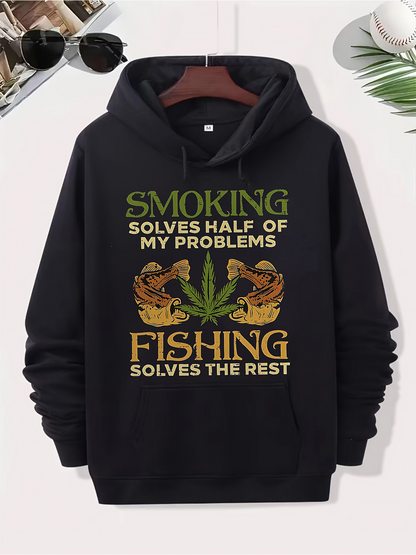 Men's Graphic Hoodie Smoking Solves Problems With Marijuana Leaf And Jumping Fish