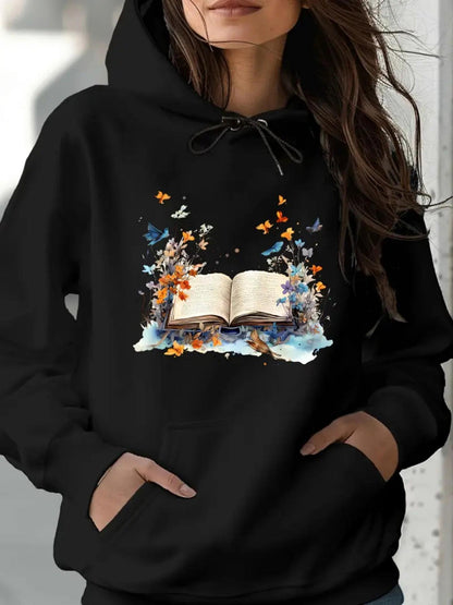 Women's Graphic Hoodie Magical Open Book With Flying Butterflies And Mist Clouds