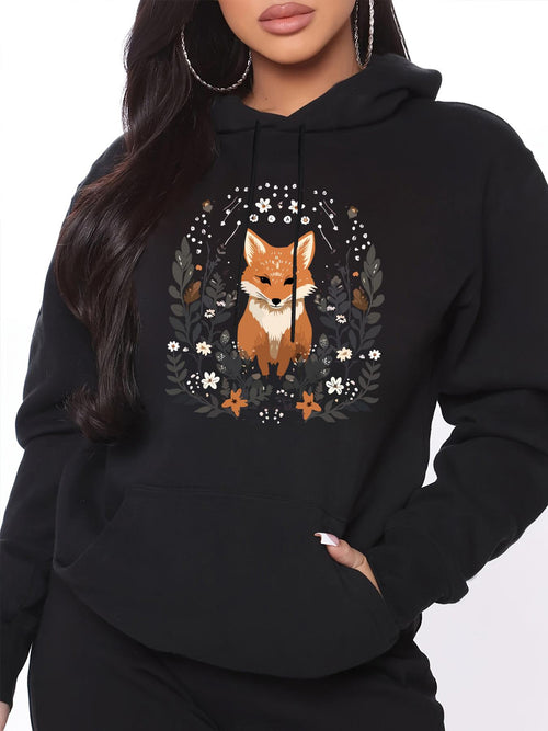 Women's Graphic Hoodie Charming Woodland Blossoms With Delicate Leaves And Playful Fox Surrounded Fox