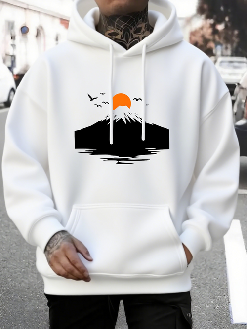 Men's Graphic Hoodie Minimalist Sunrise Reflection With Flying Birds Over Mountain