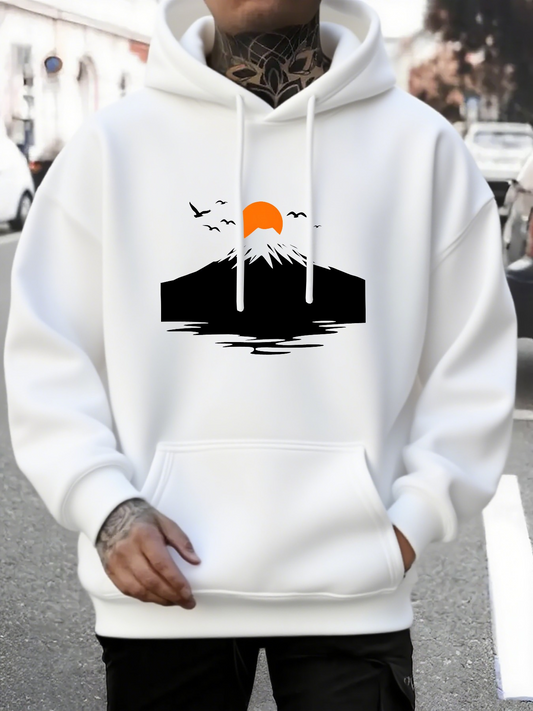 Men's Graphic Hoodie Minimalist Sunrise Reflection With Flying Birds Over Mountain