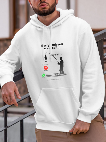 Men's Graphic Hoodie Sorry Missed Your Call With Fishing Man And Iconic Phone Graphic