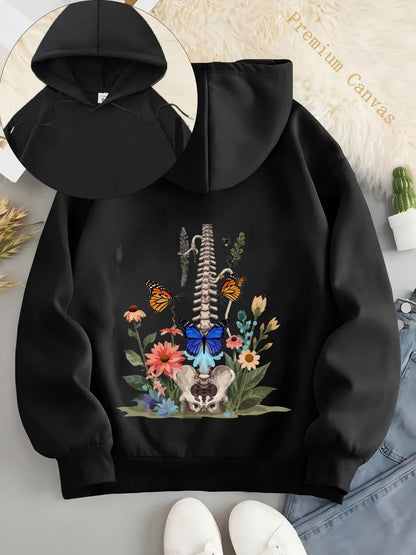Women's Graphic Hoodie Colorful Butterflies And Wild Blooms Surrounding Anatomical Spine