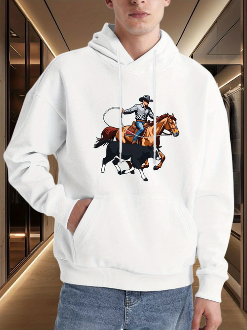 Men's Graphic Hoodie Western Cowboy Lassoing Cattle On Open Grassland Horse