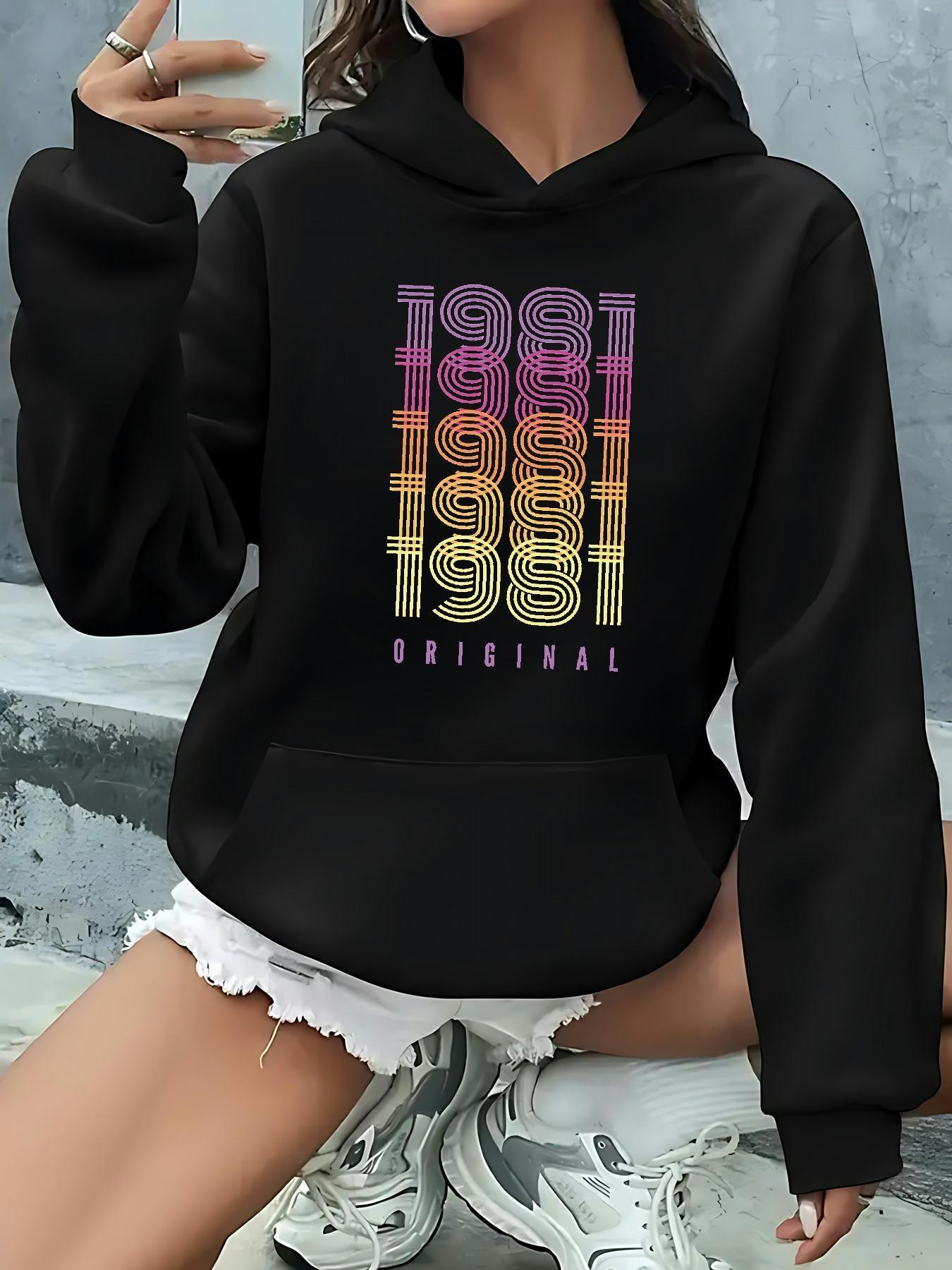 Women's Graphic Hoodie Original Retro Vibrant Color Gradient Stripes Overlapping 1981 Number Print Sweatshirt