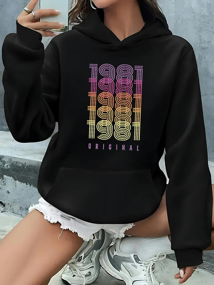 Women's Graphic Hoodie Original Retro Vibrant Color Gradient Stripes Overlapping 1981 Number Print Sweatshirt