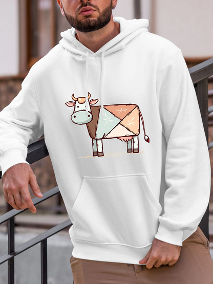 Men's Graphic Hoodie Pastel Patchwork Geometric Shapes Forming Playful Cartoon Cow