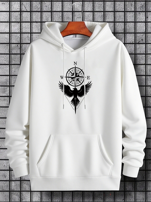 Men's Graphic Hoodie Compass Rose With Spreading Wings And Geometric Silhouette Bird