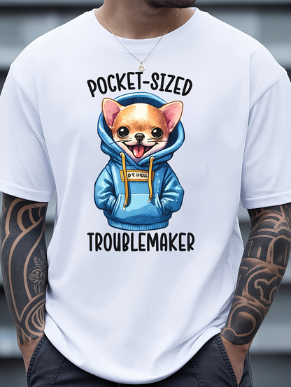 Men's Graphic T-Shirt Pocket Sized Troublemaker Cartoon Dog Wearing Blue Hoodie
