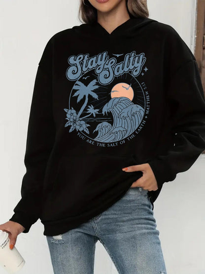 Women's Graphic Hoodie Stay Salty Tropical Palm Trees With Rolling Ocean Wave Under Sun