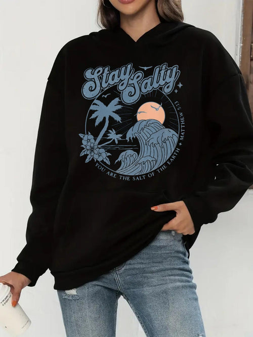 Women's Graphic Hoodie Stay Salty Tropical Palm Trees With Rolling Ocean Wave Under Sun