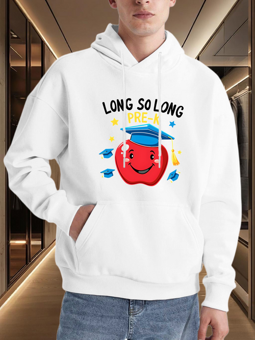 Men's Graphic Hoodie Long So Long With Smiling Red Apple Wearing Blue Graduation Cap