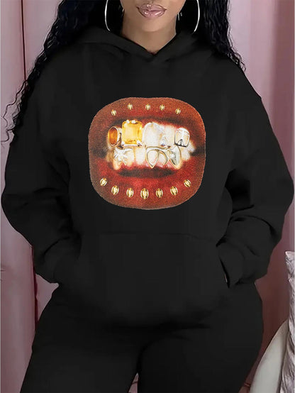 Women's Graphic Hoodie Golden Grillz Shine With Reflections And Luminous Smiling Mouth Teeth