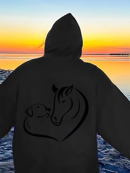 Women's Graphic Hoodie Gentle Silhouettes Forming A Heart With Loving Dog And Horse