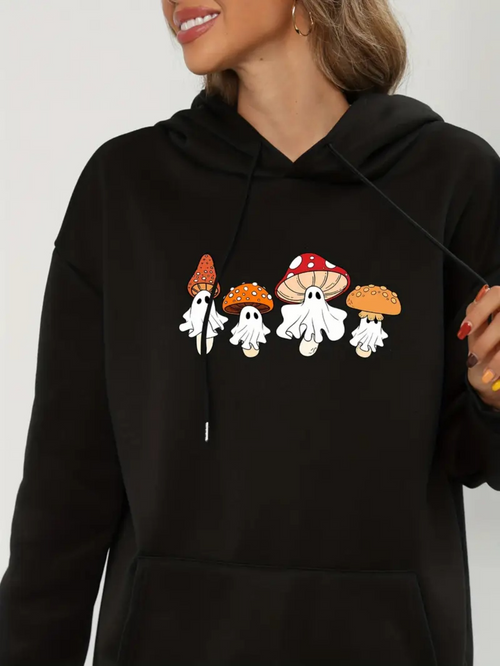 Women's Graphic Hoodie Smiling Cartoon Mushrooms With Playful Expressive Faces On Black Hoodie