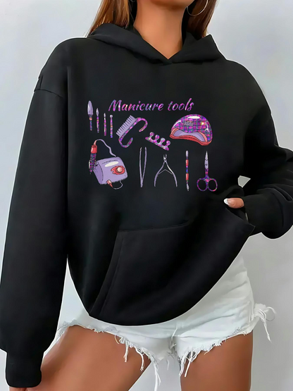 Women's Graphic Hoodie Manicure Tools With Detailed Equipment And Colorful Illustrations Under Sparkling Lights