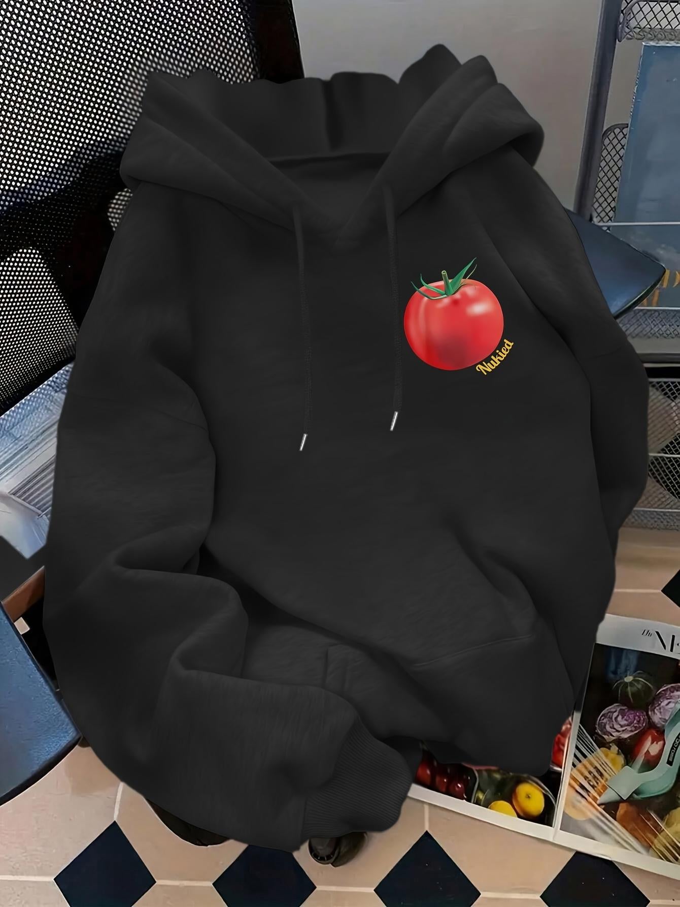 Women's Graphic Hoodie Realistic Red Tomato With Green Stem On Black Hoodie Tomato