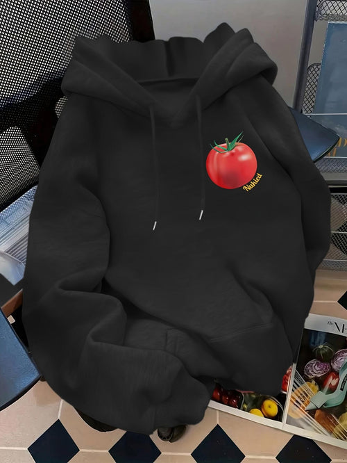 Women's Graphic Hoodie Realistic Red Tomato With Green Stem On Black Hoodie Tomato