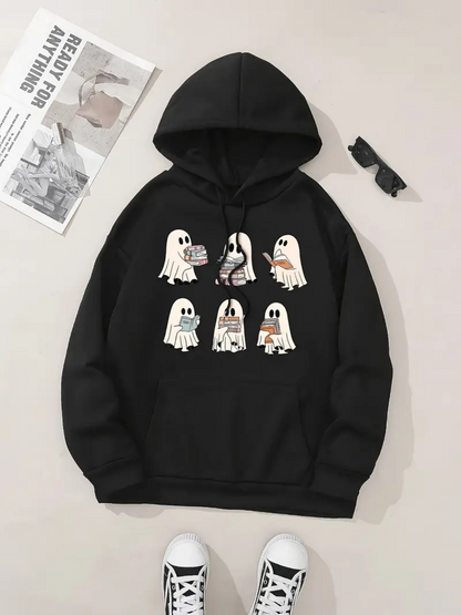 Women's Graphic Hoodie Playful Cartoon Ghosts With Spooky Expressions Among Floating Sheets