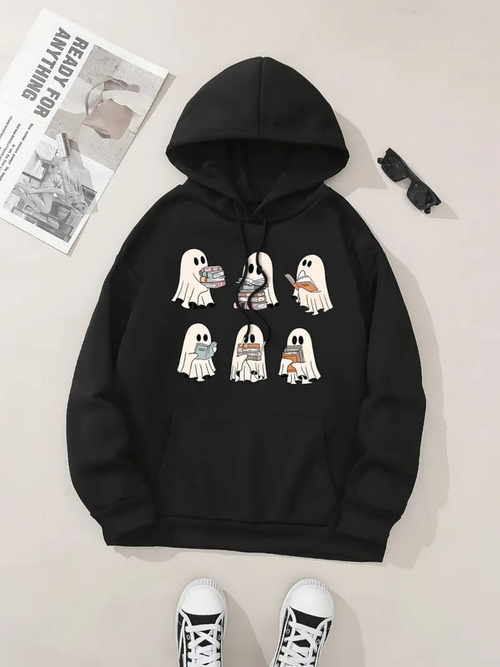 Women's Graphic Hoodie Playful Cartoon Ghosts With Spooky Expressions Among Floating Sheets