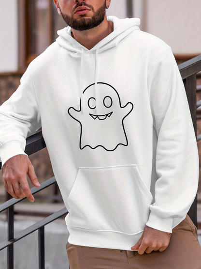Men's Graphic Hoodie Cheerful Outline Illustration With Smiling Playful Adorable Cartoon Ghost